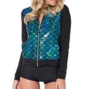 Blackmilk Merboy Mermaid Scale Bomber Jacket Blue Green Holographic Women's L